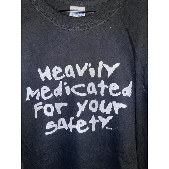 Vintage Heavily Medicated Shirt For Your Safety Humor Joke Black Tee VTG Large - Picture 2 of 8
